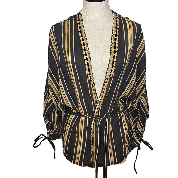 Teoh & Lea Womens Top Size Large Striped Embroidered Belted Gray Yellow Cotton - Picture 13 of 16